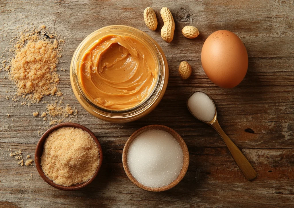 All four ingredients for peanut butter cookies—peanut butter, sugar, an egg, and baking soda—arranged neatly on a wooden countertop.