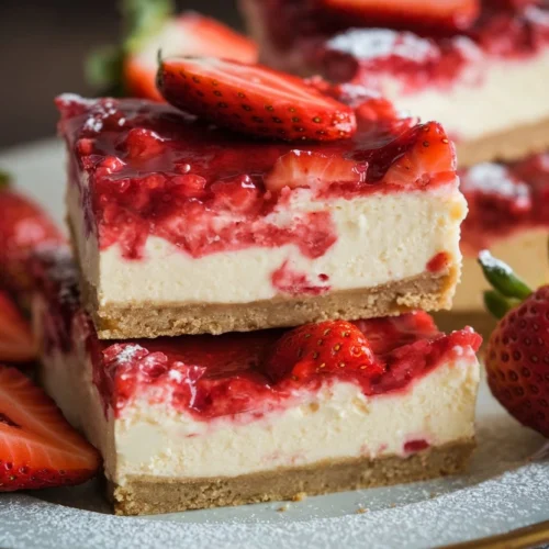 Close-up of strawberry cheesecake bars with a creamy filling and glossy strawberry topping