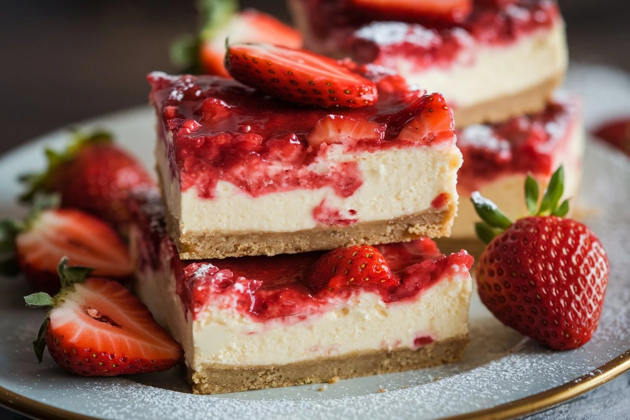Close-up of strawberry cheesecake bars with a creamy filling and glossy strawberry topping