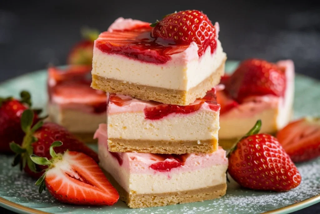 Close-up of strawberry cheesecake bars with vibrant topping and powdered sugar