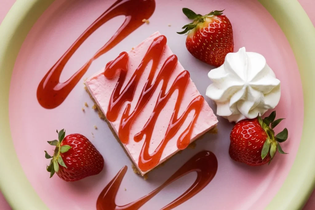 Single cheesecake bar with a playful drizzle of strawberry sauce and fresh strawberries