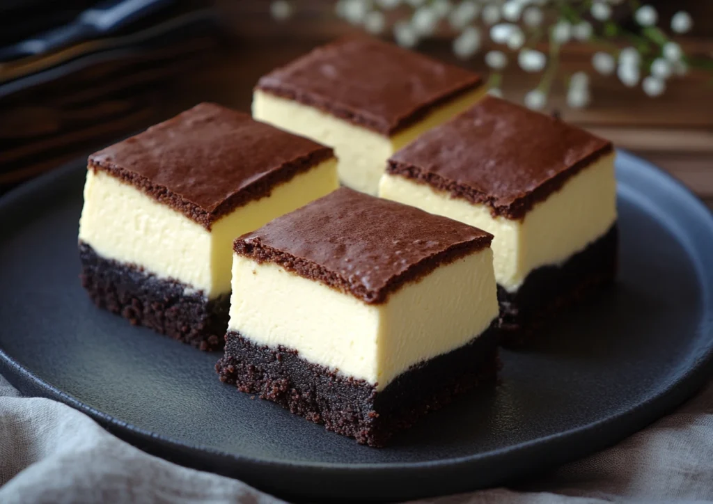 Slices of Brownie Cheesecake with a creamy layer and fudgy brownie base.