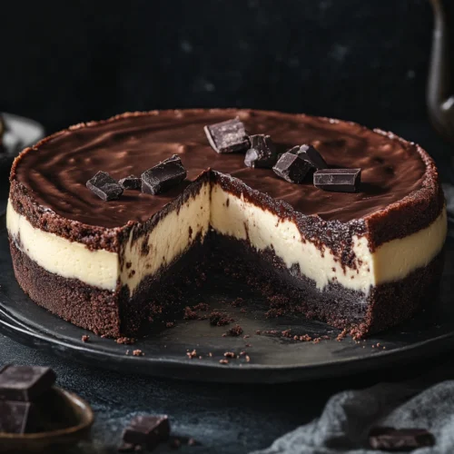 Close-up of a Brownie Cheesecake, featuring a creamy cheesecake layer with a rich, fudgy brownie base.