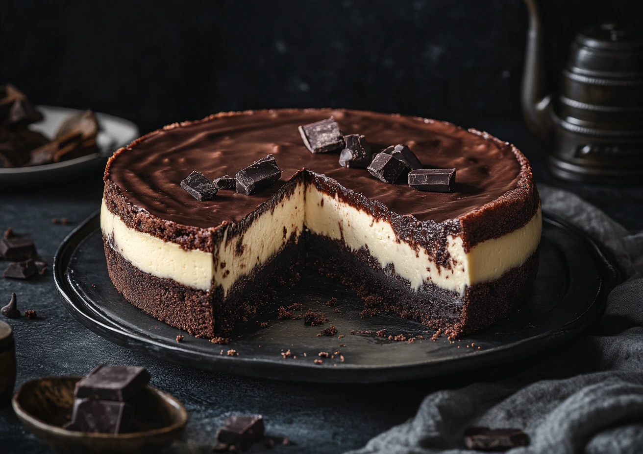 Close-up of a Brownie Cheesecake, featuring a creamy cheesecake layer with a rich, fudgy brownie base.