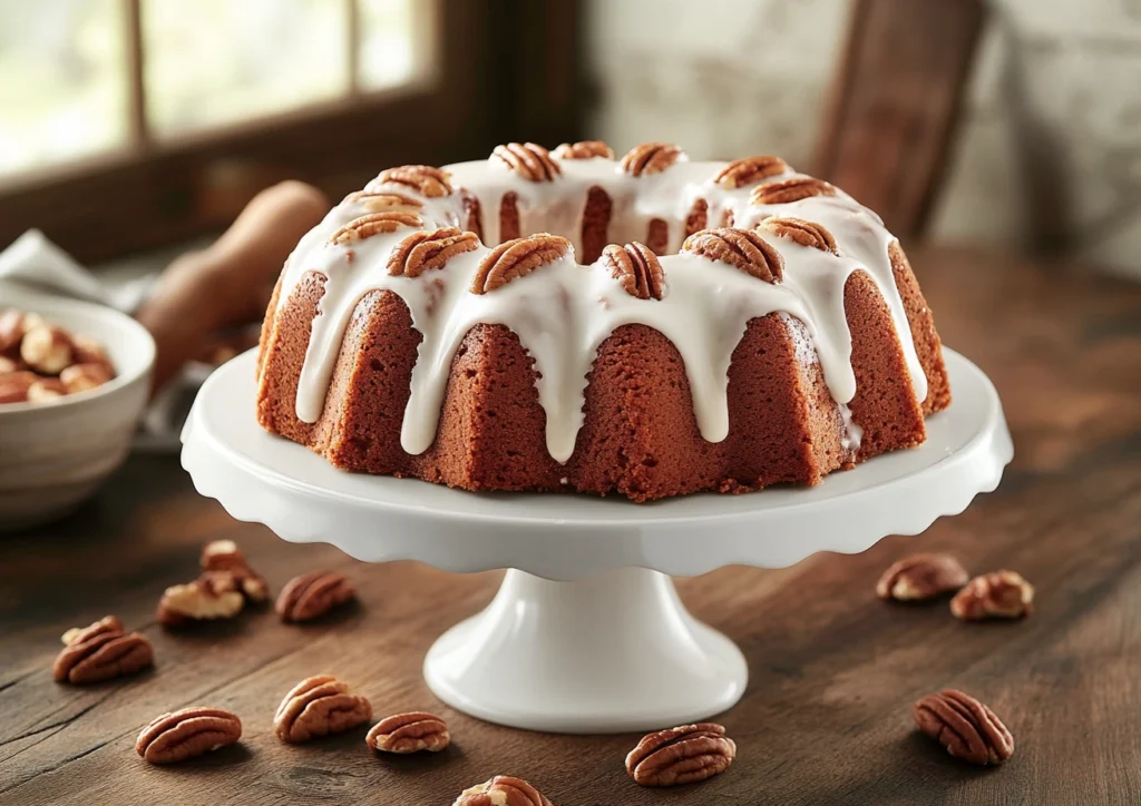 A beautifully baked golden-brown Butter Pecan Pound Cake displayed on a white ceramic cake stand.