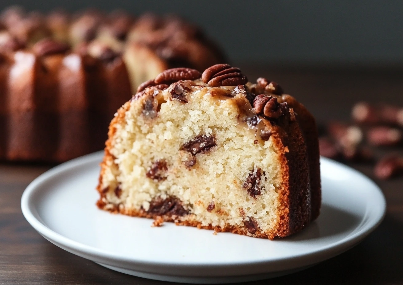 A slice of moist Butter Pecan Pound Cake on a small white plate.