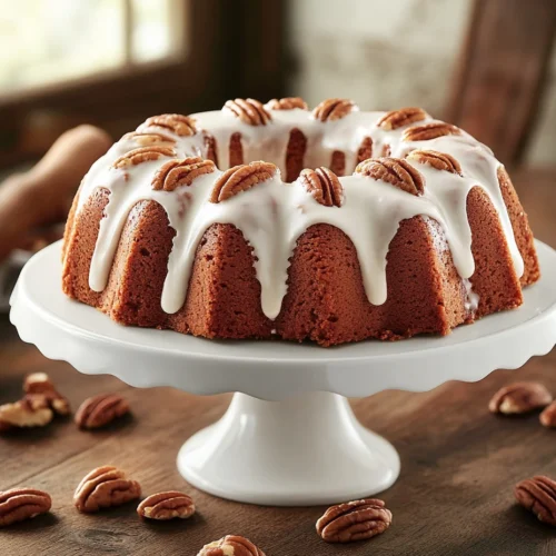 A beautifully baked golden-brown Butter Pecan Pound Cake displayed on a white ceramic cake stand.