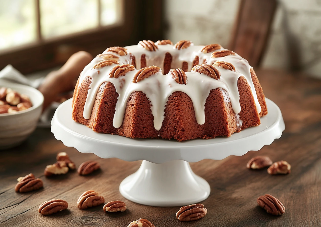 A beautifully baked golden-brown Butter Pecan Pound Cake displayed on a white ceramic cake stand.