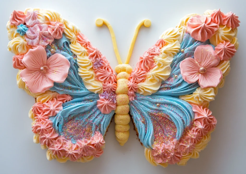 A colorful butterfly shaped cake decorated with vibrant frosting and edible sprinkles