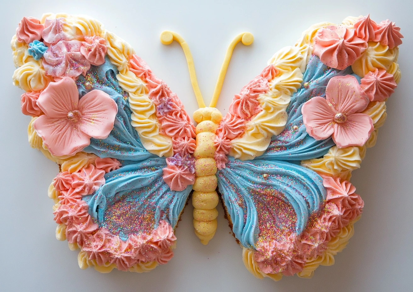 A colorful butterfly shaped cake decorated with vibrant frosting and edible sprinkles