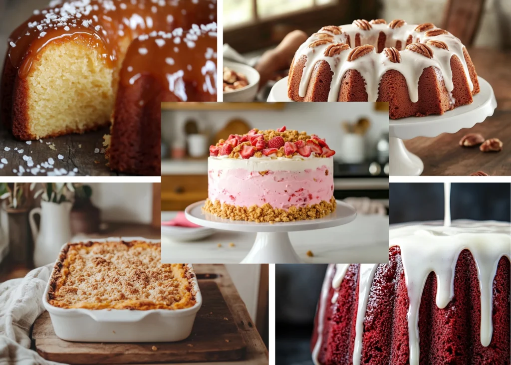 A collage of cake flavors: salted caramel, butter pecan, strawberry crunch, pumpkin dump, and red velvet.