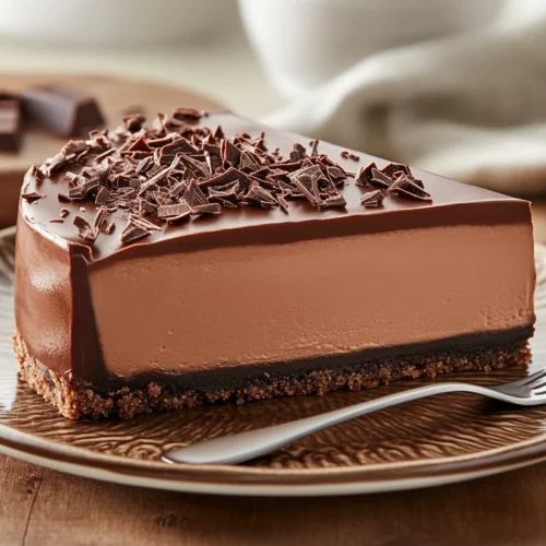 Slice of chocolate cheesecake with ganache topping
