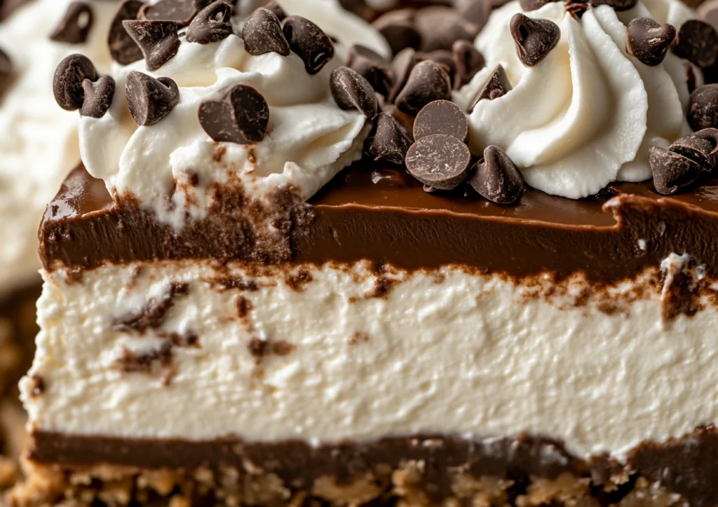 Rich chocolate chip cheesecake with a graham cracker crust and creamy filling.