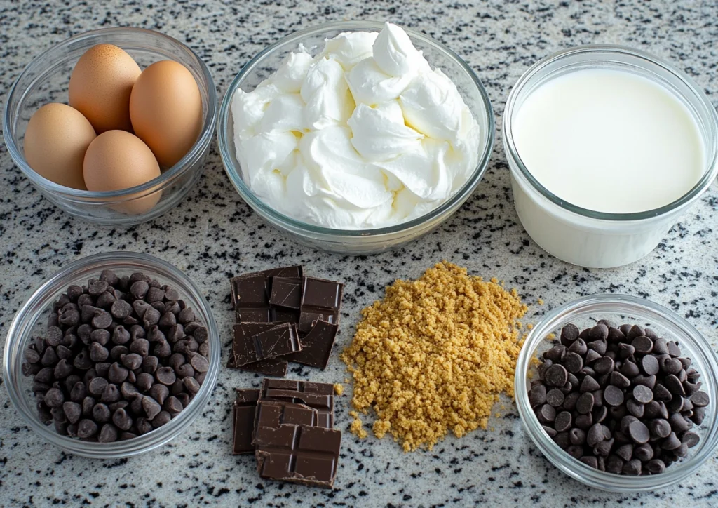 Ingredients for chocolate chip cheesecake: graham cracker crumbs, cream cheese, eggs, and chocolate chips.