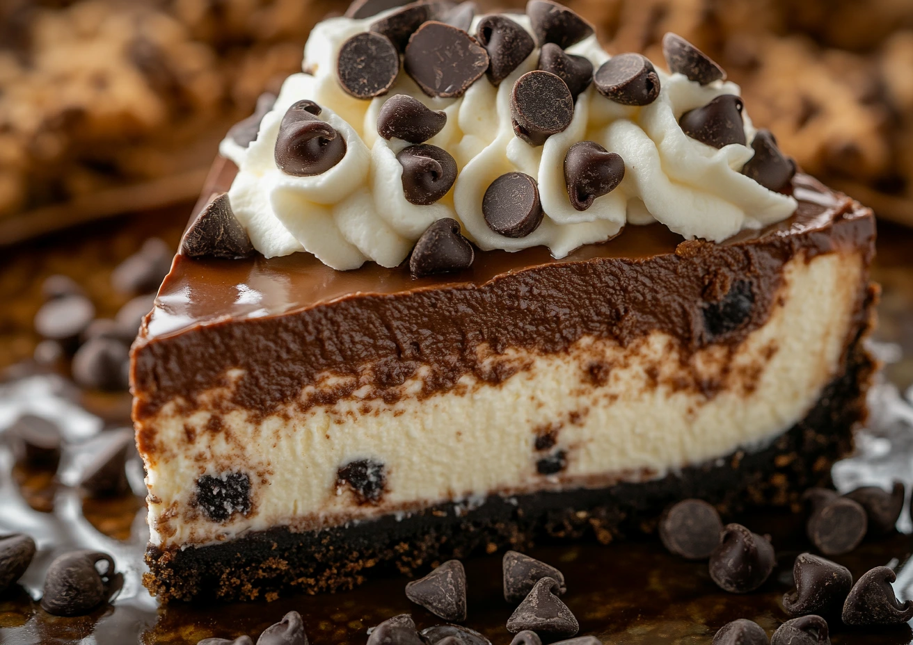 Rich chocolate chip cheesecake with a graham cracker crust and creamy filling.