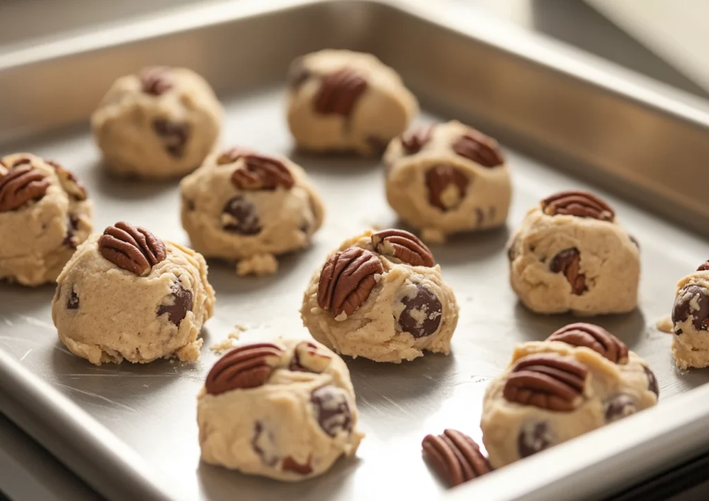 Unbaked Chocolate Chip Pecan Cookies dough balls on a baking sheet.