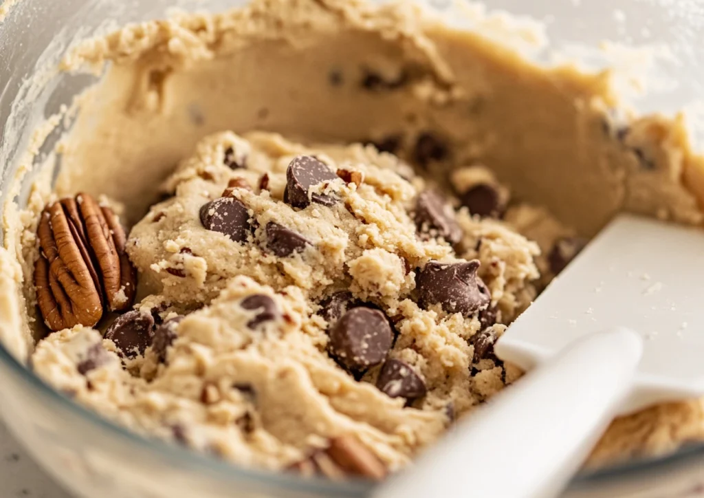 Chocolate Chip Pecan Cookies dough in a mixing bowl.
