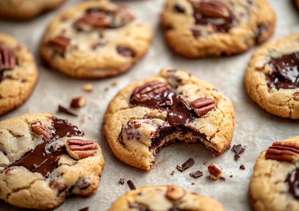 Broken Chocolate Chip Pecan Cookies with melted chocolate and pecans.