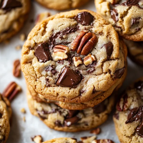 Stacked Chocolate Chip Pecan Cookies with melted chocolate and pecan toppings.