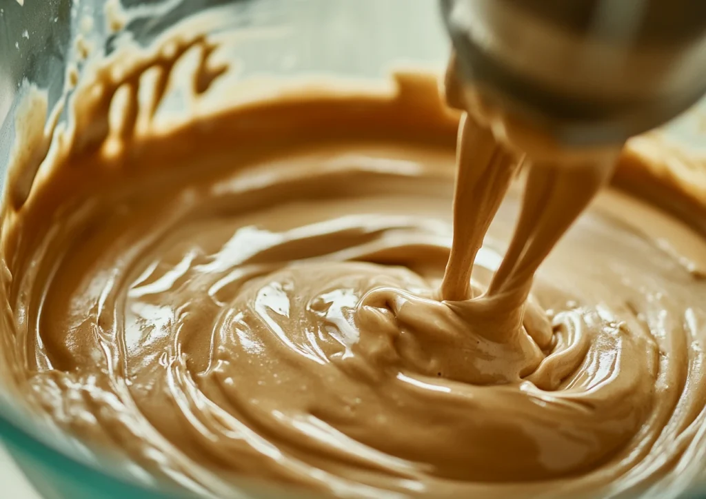 Batter being mixed in a stand mixer.