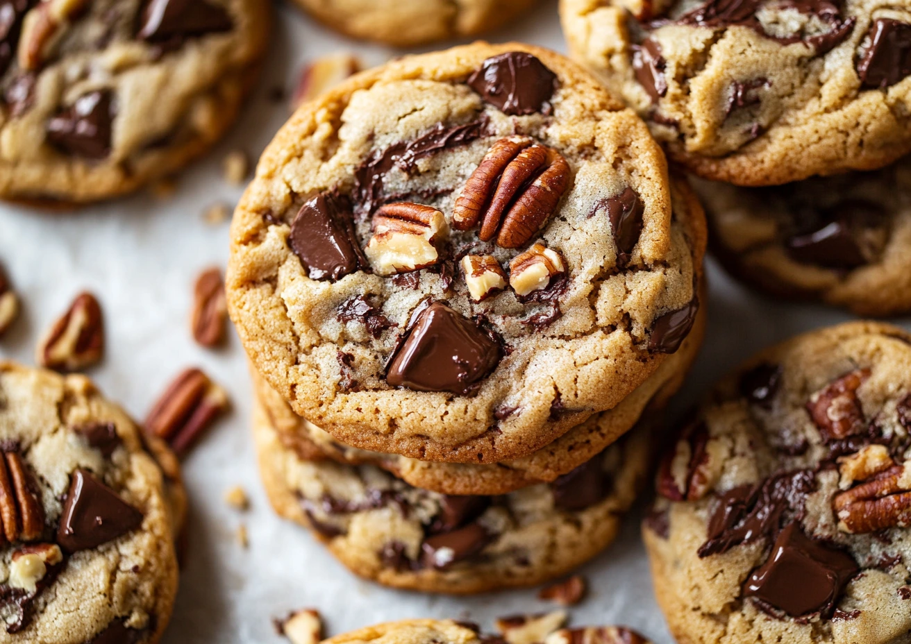 Stacked Chocolate Chip Pecan Cookies with melted chocolate and pecan toppings.