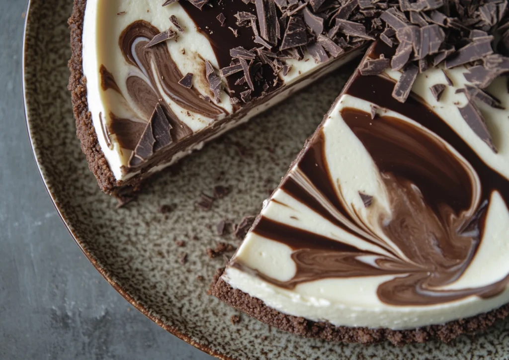 Close-up of chocolate swirl cheesecake with a marbled effect and chocolate drizzle.