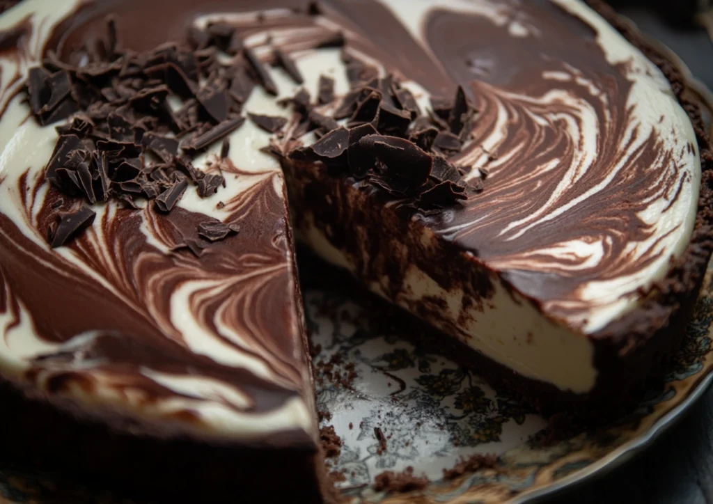 Close-up of chocolate swirl cheesecake with a marbled effect and chocolate drizzle.