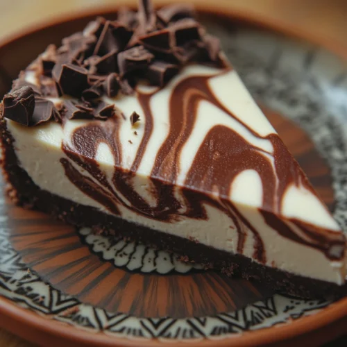 Close-up of chocolate swirl cheesecake with a marbled effect and chocolate drizzle.