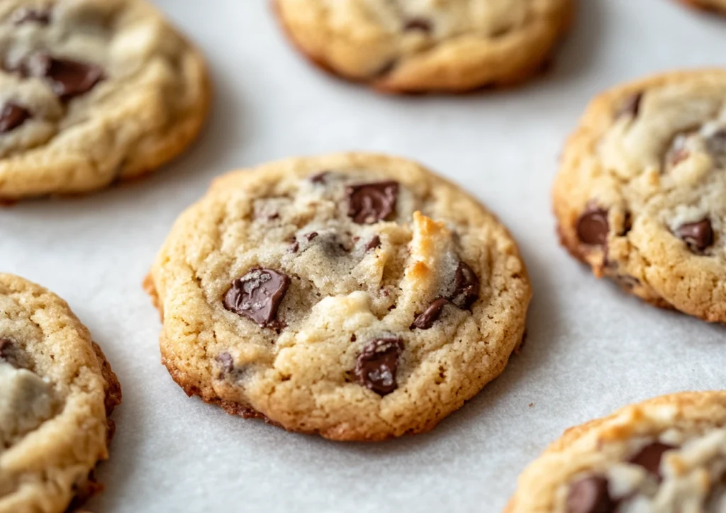 Close up of baked Coconut Chocolate Chip Cookies.