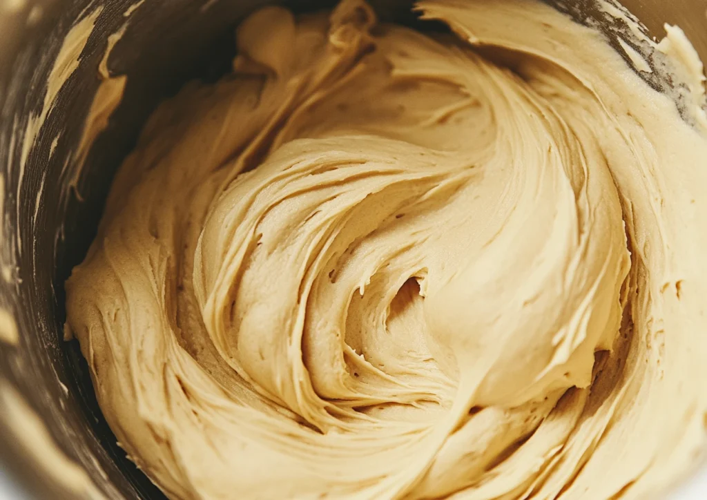 Smooth, swirled batter in a mixing bowl.