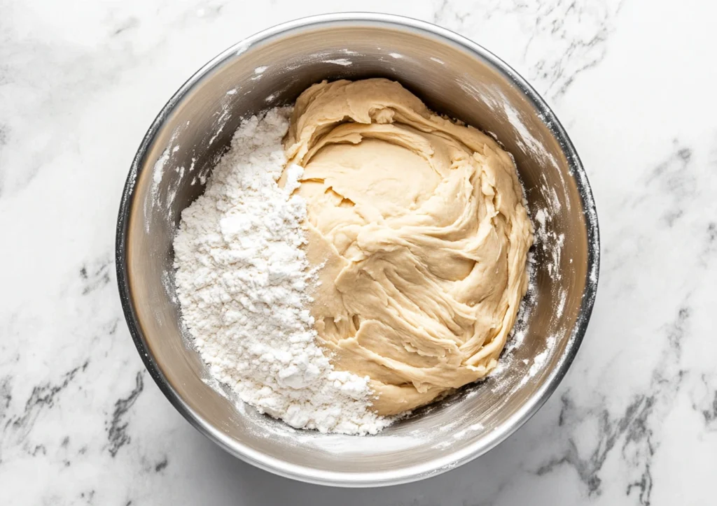 Dough with flour in a mixing bowl.