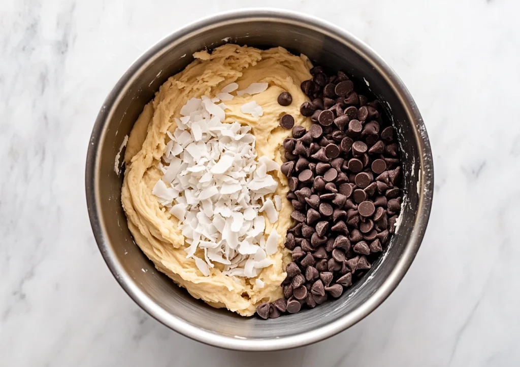 Coconut Chocolate Chip Cookie dough with coconut and chocolate.