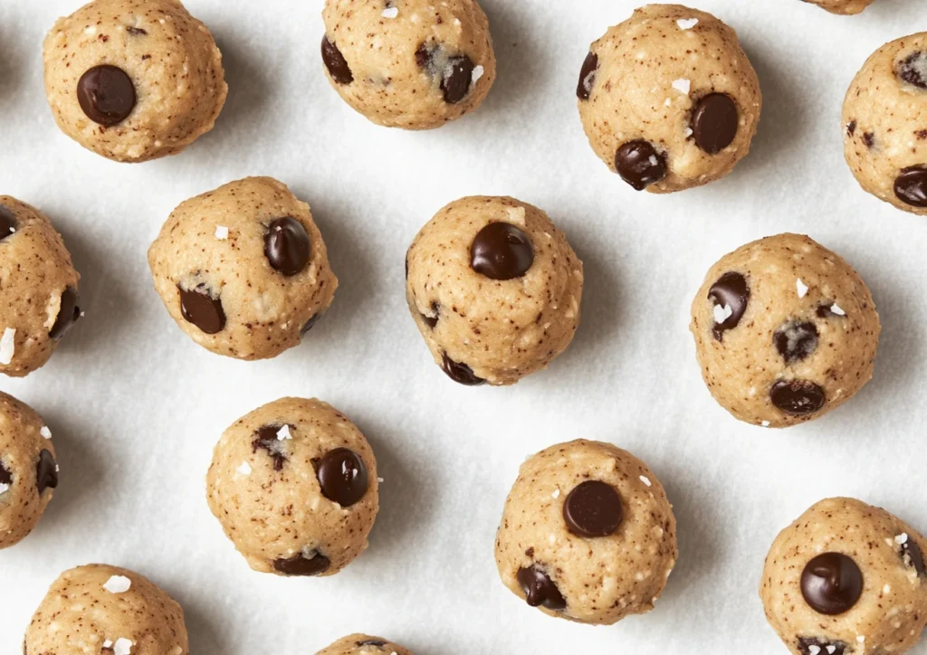Coconut Chocolate Chip Cookie dough balls on a sheet.