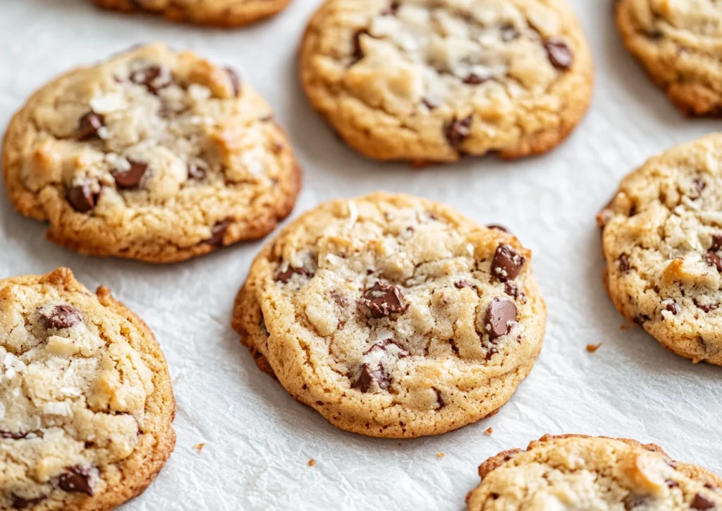 Freshly baked Coconut Chocolate Chip Cookies.