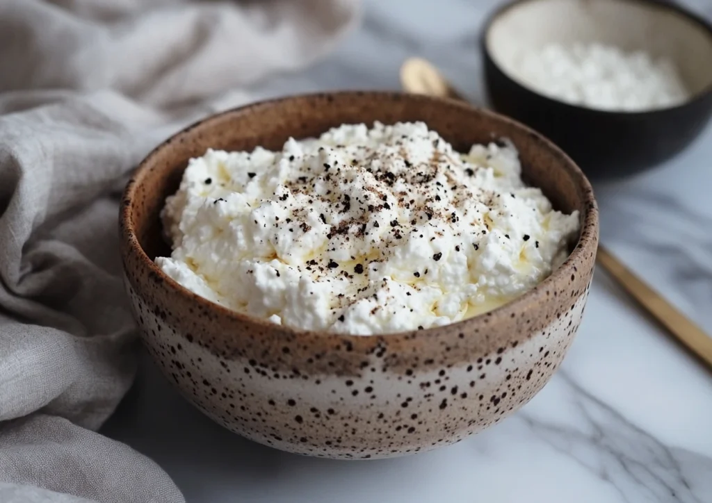 Bowl of fresh, creamy cottage cheese with natural ingredients.