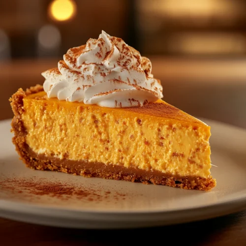 Slice of cottage cheese pumpkin cheesecake with whipped cream and cinnamon.