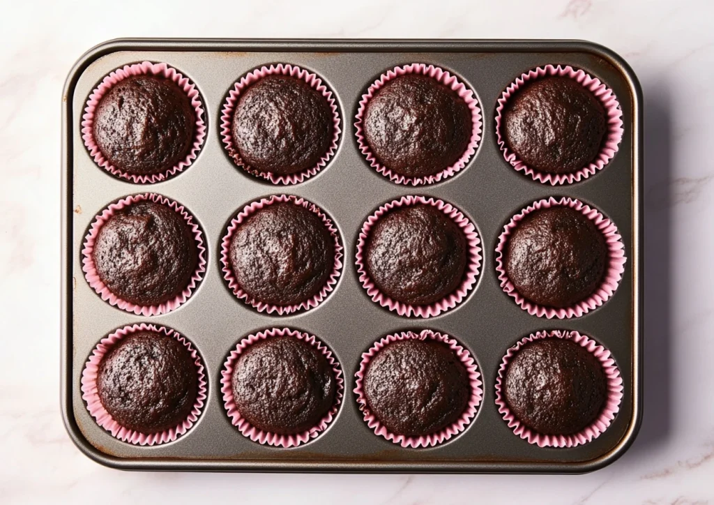 Tray of chocolate cupcakes in pink liners.
