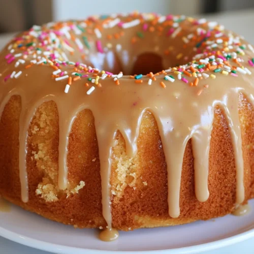 A cupcake cake with glaze and sprinkles.