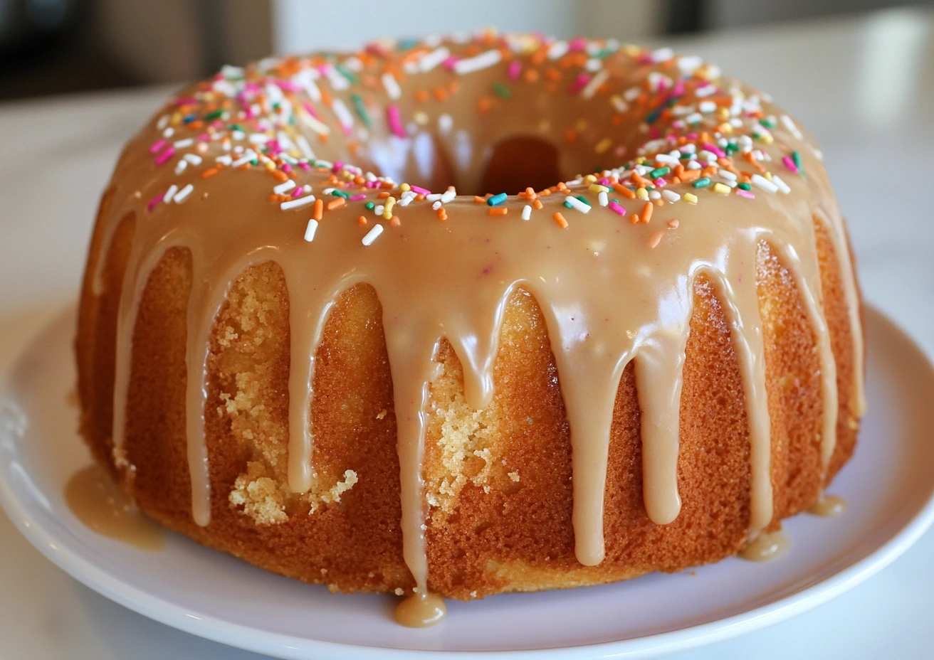 A cupcake cake with glaze and sprinkles.