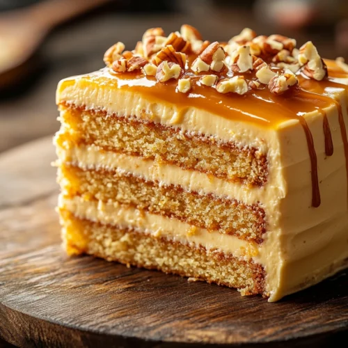 A slice of dulce de leche cake with layers, caramel drizzle, and nut garnish.