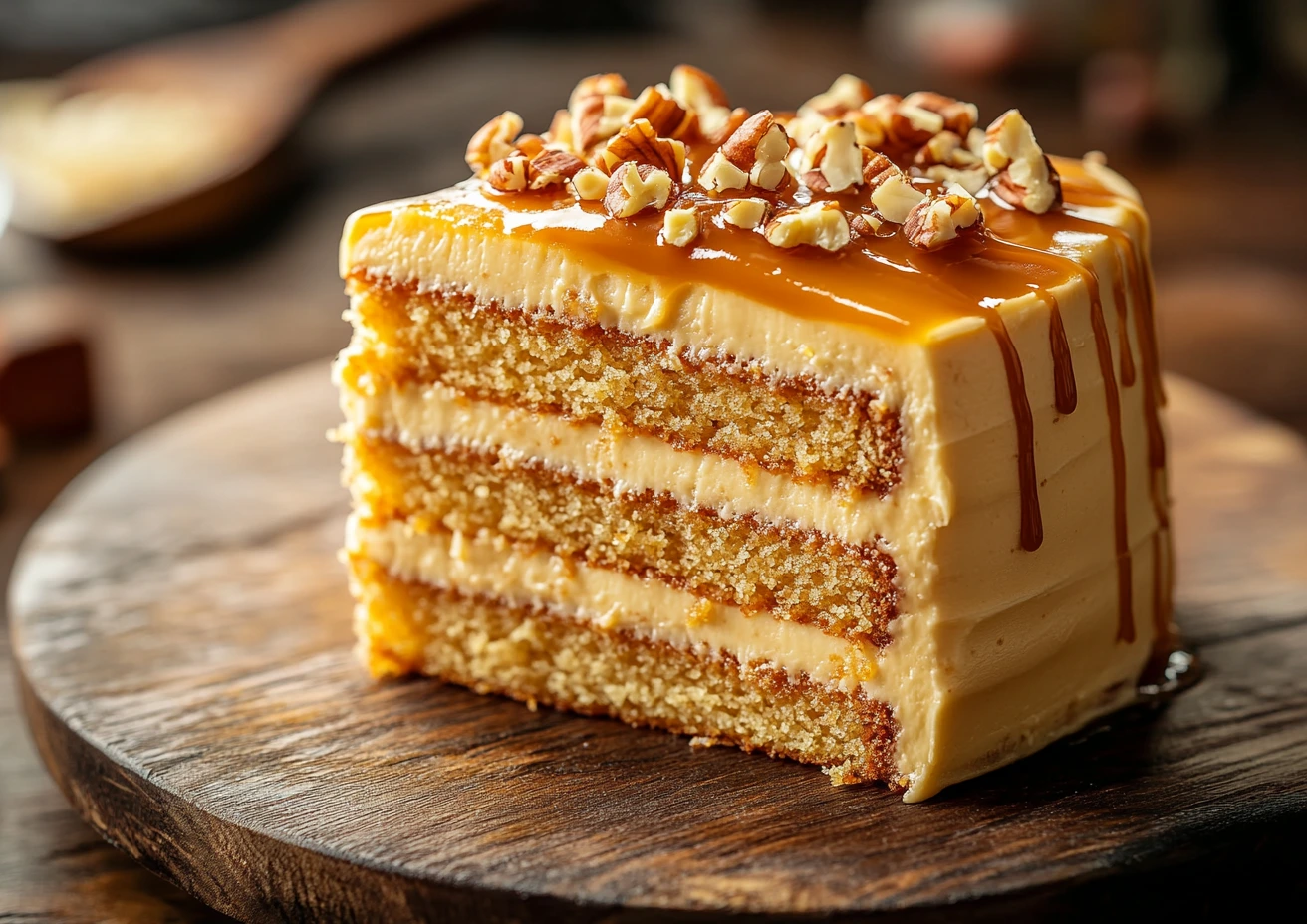A slice of dulce de leche cake with layers, caramel drizzle, and nut garnish.