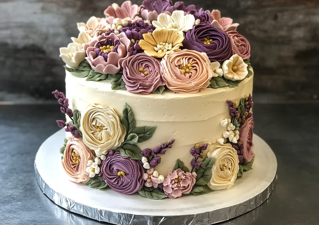 A beautifully decorated flower cake with piped buttercream flowers in vibrant colors.