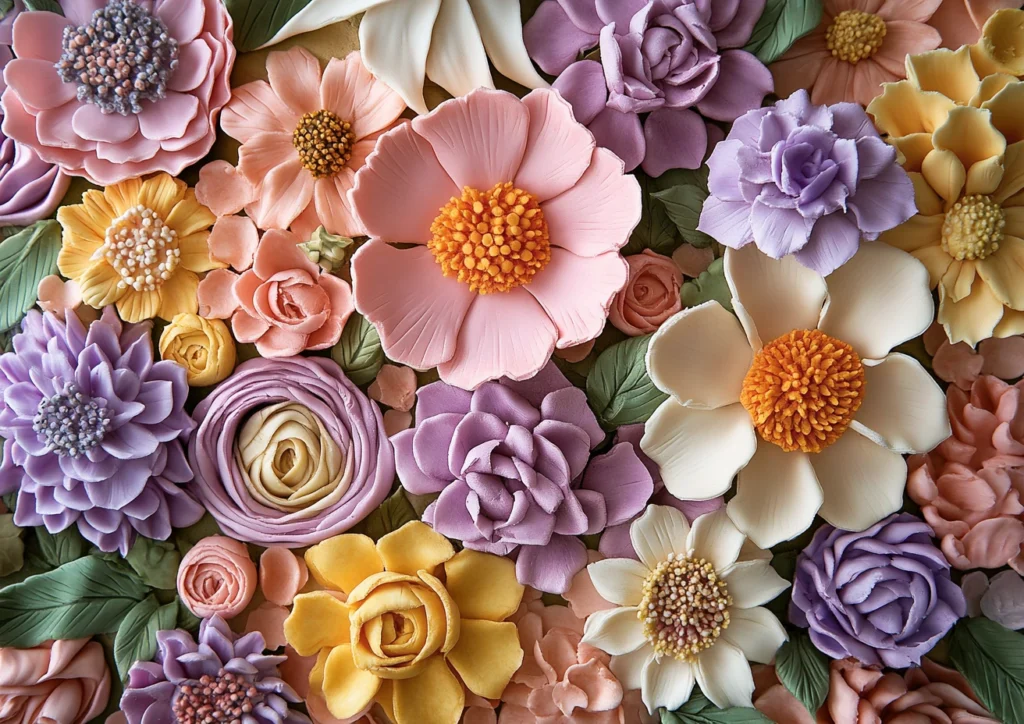 Piped buttercream flowers in vibrant colors.