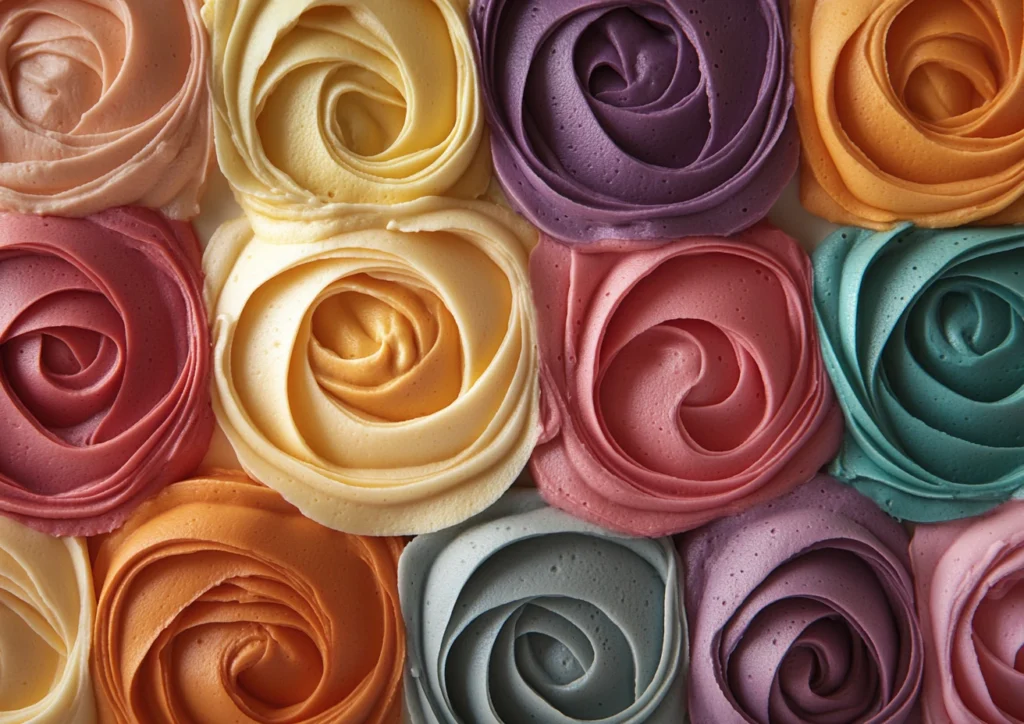 Close up of piped buttercream swirls in rose-like patterns.