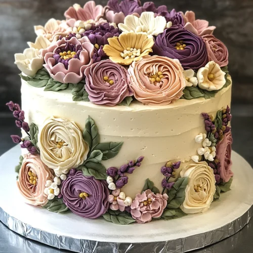 A beautifully decorated flower cake with piped buttercream flowers in vibrant colors.