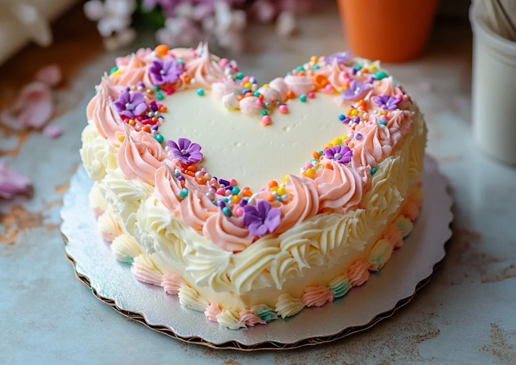 Heart birthday cake with pastel frosting, sprinkles, and delicate decorations.