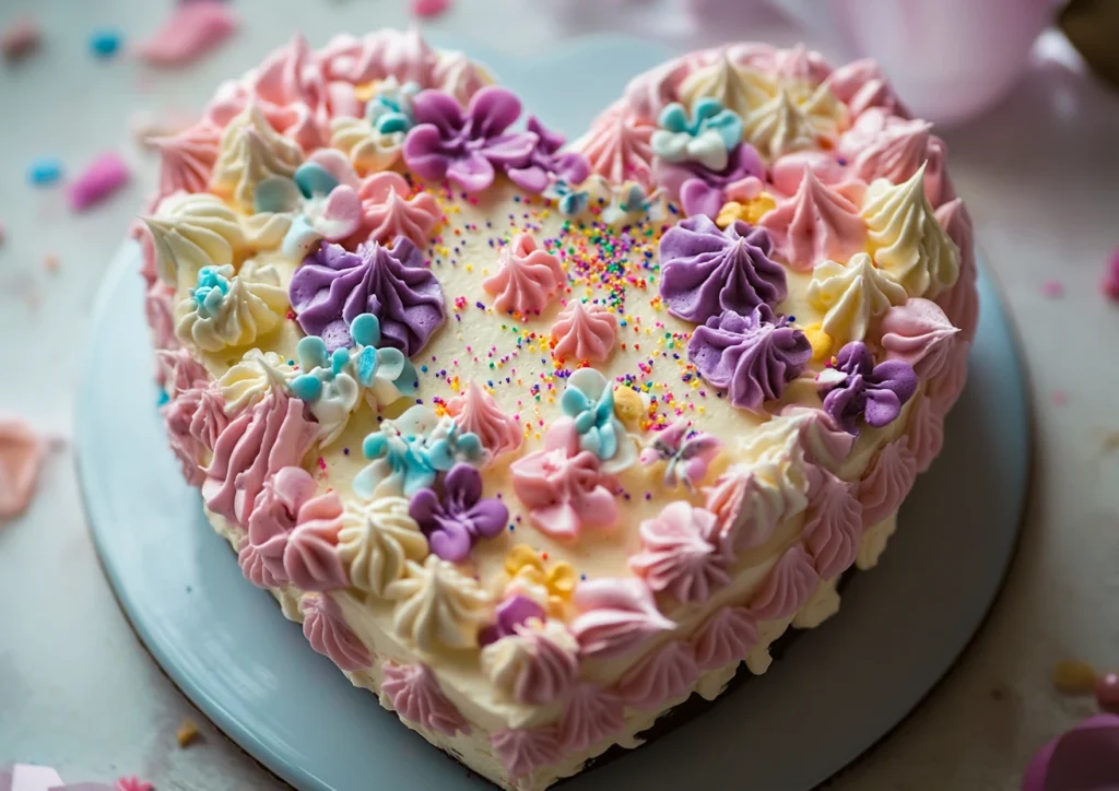 Heart-shaped birthday cake with pastel frosting, sprinkles, and delicate decorations.