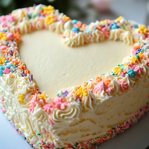 Heart birthday cake with frosting, sprinkles, and delicate decorations.
