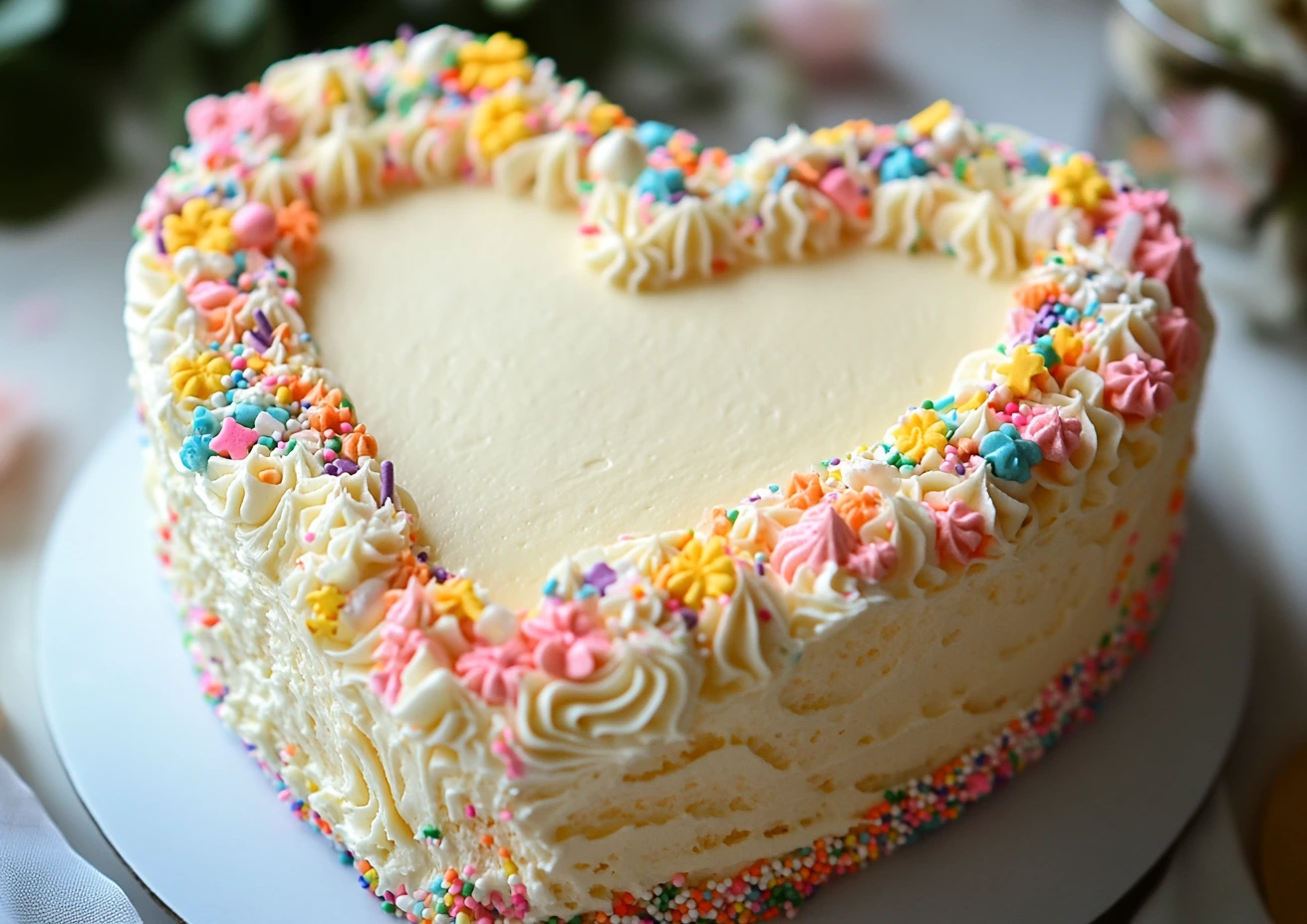 Heart birthday cake with frosting, sprinkles, and delicate decorations.
