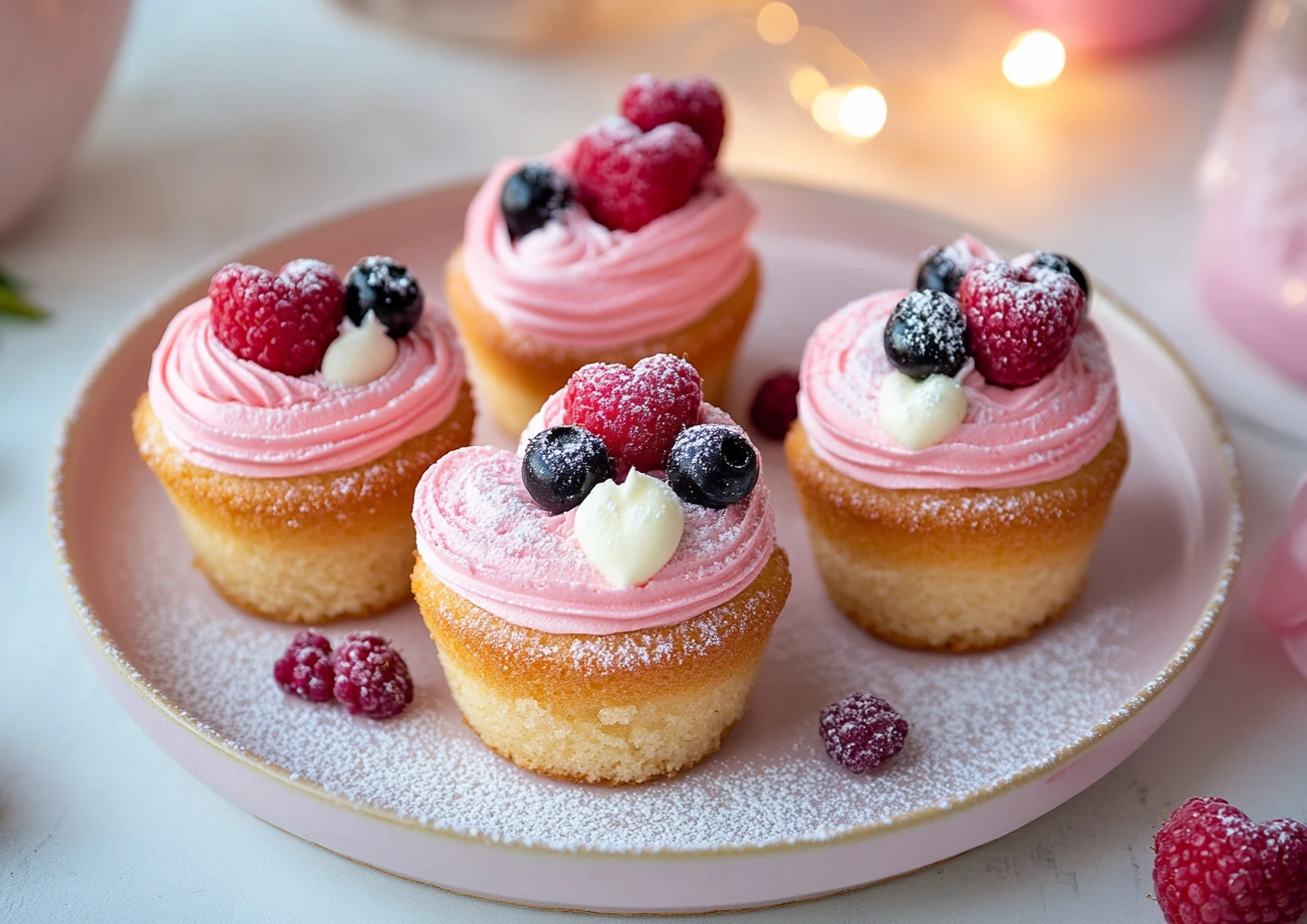 Mini heart cakes decorated with buttercream flowers, ganache, and fondant shapes.